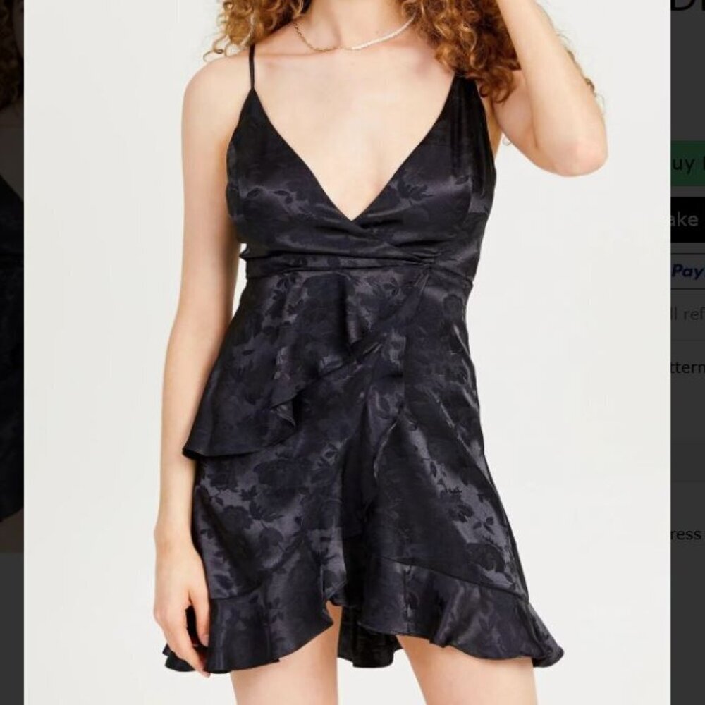 Altar'd State Black Satin Floral Ruffle Mini Dress